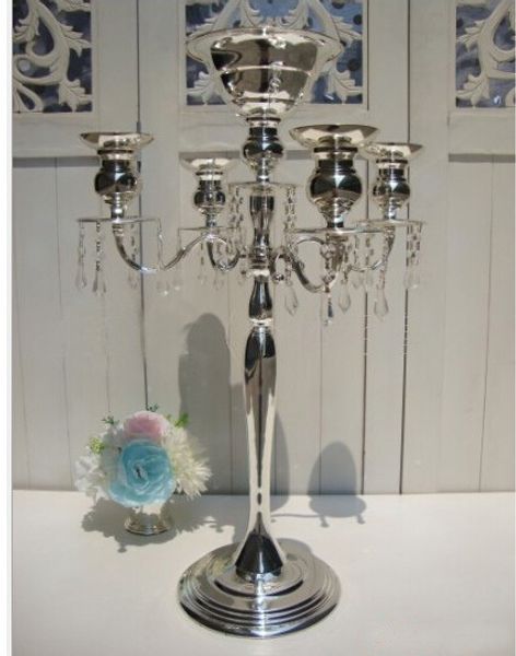 top popular H75cm * W48cm, 5 Heads Crystal Candelabra, Candle Holder, wedding Centerpiece, flower bowl Candle holder with pendants 2021