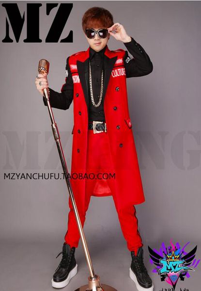 

a male singer fashionable nightclub runway looks red and black letters double-breasted long suit costumes. s - 6 xl, Black;red