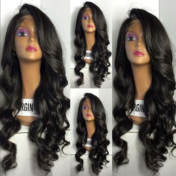 

130% medium density thick full lace wig unprocessed glueless indian natural black lace front human hair wigs with baby hair, Black;brown