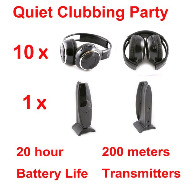 Sistema completo Silent Disco, cuffie wireless pieghevoli nere - Pacchetto Quiet Clubbing Party che include 10 ricevitori pieghevoli con 1 trasmettitore