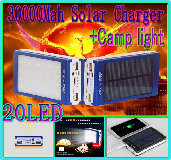 

portable 30000mah solar 20led camping light charger 20 led 30000 mah power bank camp lights dual usb battery energy panel chargers sos help