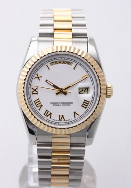 

Men Luxury Swiss Brand Gold Silver Stainless Steel Wristwatch Daydate Roman Numerals Two Tone Automatic Mechanical Mens Dress Watch For Man