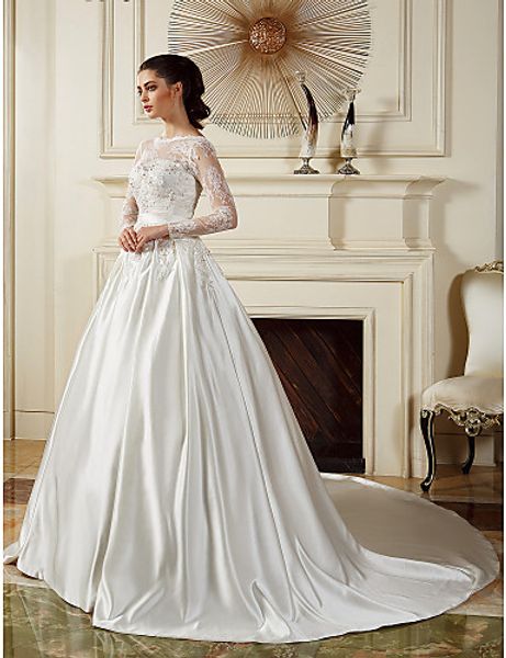 

2016 new fashion elegant ball gown ivory chapel train bateau backless long sleeve lave satin wedding dresses 233, White