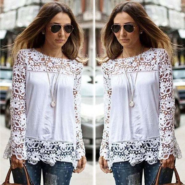 

fashion autumn t-shirts tees o-neck long sleeve crochet large plus size casual women white black chiffon lace t shirts b127