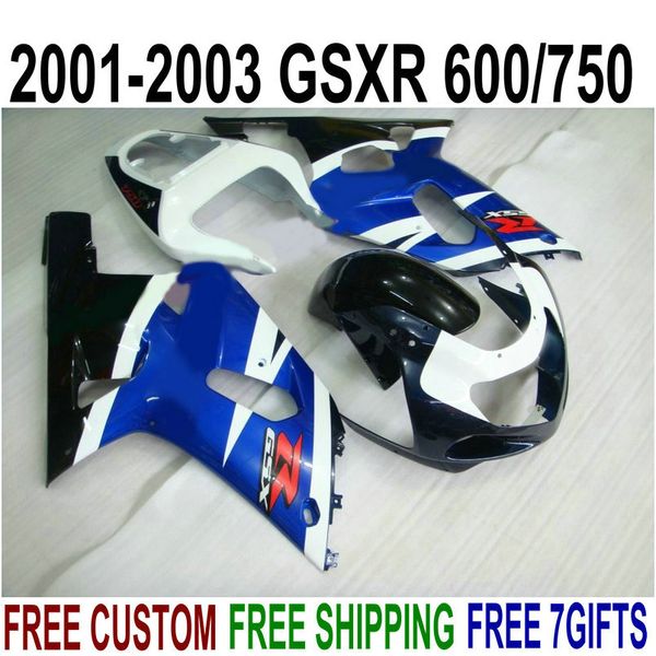 Bodykits de plástico ABS para SUZUKI GSX-R600 GSX-R750 01 02 03 kit de carenagem K1 GSXR 600/750 2001-2003 azul branco preto carenagens SK39