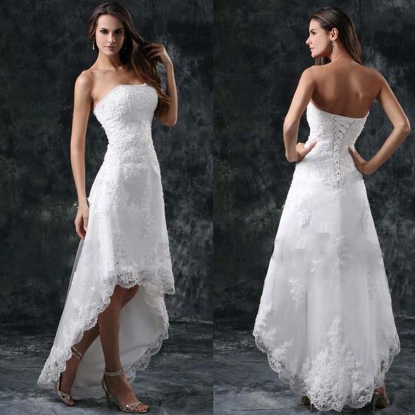 

hi-lo length summer beach wedding dresses strapless appliques lace corset back white ivory bridal gowns cps110