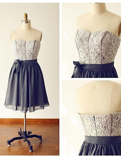 

2016 new simple pupolar ping silver a-line sweetheart ribbon knee-length lace chiffon bridesmaid dress 139, White;pink