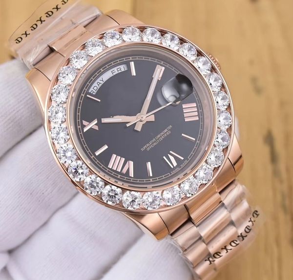 

factory supplier president day-date 41mm 18038 big diamond bezel watch 18k rose gold men casual watch black dial automatic men's wristw, Slivery;brown