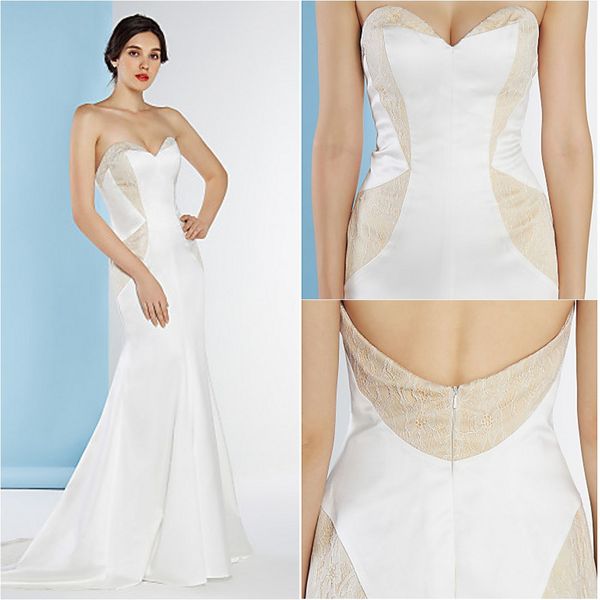 

2016 sale fashion custom made trumpet/mermaid elegant ivory court train sleeveless sweetheart lace satin wedding dresses 010, White