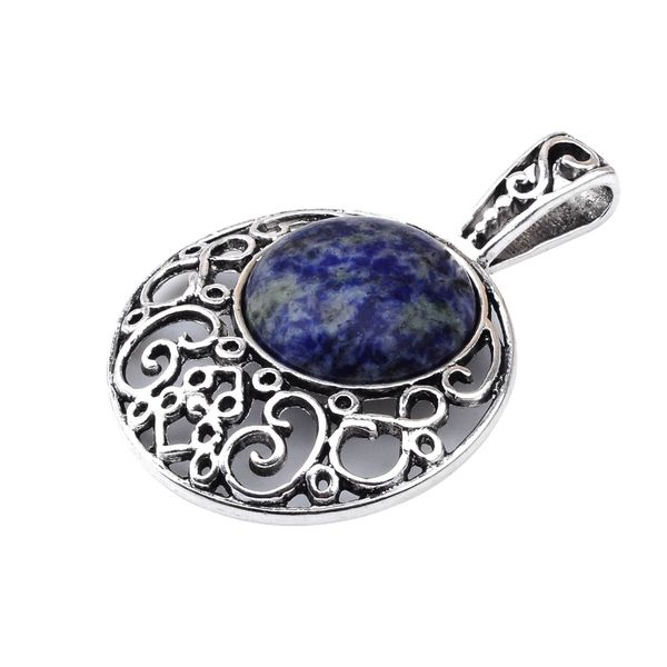 

fashion semi precious stone sodalite pendants 40mm plated silver alloy 20mm cabochon crystal women charms necklace jewelry 60cm chain
