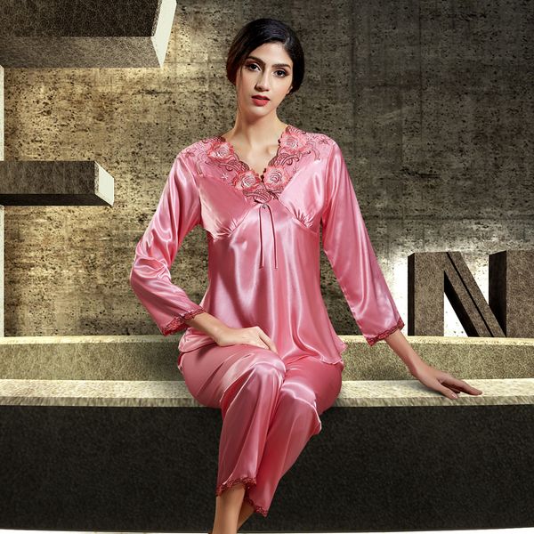 

2020 new fashion women pajamas ruffles three quarter sleeve sleepwear lace embroidery v-neck pyjama female 6611, Black;red