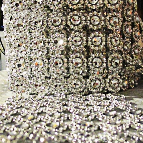 

wholesale-silver 3.75" 1yards 6rows daisy flower diamond mesh bling crystal ribbon wrap trim wedding cake candle holder decoration