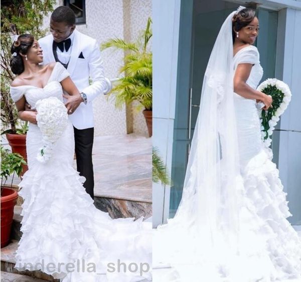 

2018 african mermaid wedding dre e v neck backle tiered organza cathedral train white plu ize bridal gown cu tomized