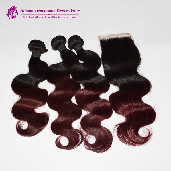 

ombre brazilian hair with closure #1b/99j two tone color ombre human hair bundles with closure,ombre hair with closure fast shipping, Black