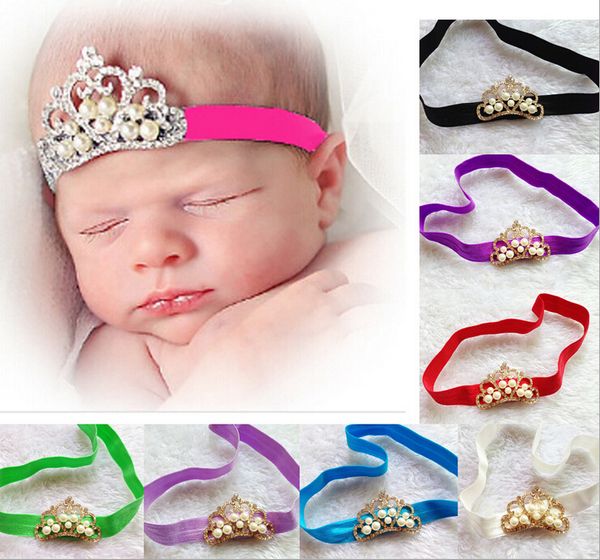 

baby hair accessories baby headband girl kids children hairband crown headband with diamond and pearl 12 mixed colors, Slivery;white