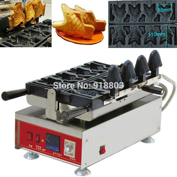 4 adet Balık Waffle Ticari Kullanım yapışmaz 110 v 220 v Elektrikli Dijital Dondurma Taiyaki Baker Maker Makinesi Demir Kalıp Pan