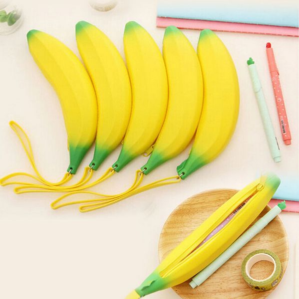

novelty silicone portable banana coin pencil case purse bag wallet pouch keyring fruit zero wallet ego zipper case gift ing, Red;black