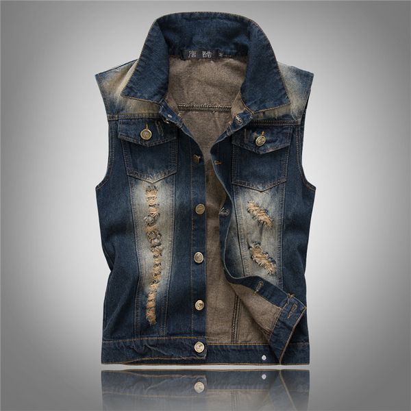 

fall-fashion mens denim vest sleeveless jeans waistcoat man cowboy ripped holes jacket us size xxs- tank veste homme, Black;white