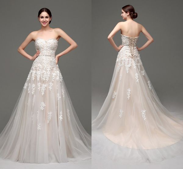 

in stock champagne lace wedding dresses a-line sweetheart appliques designer wedding gowns plus size bridal dress 32238, White