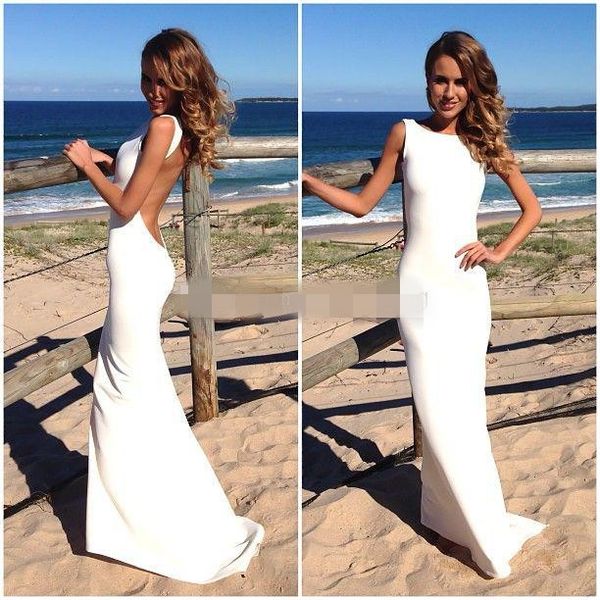 Branco Simples Vestidos de Baile 2016 Do Vintage Bateau Backless Vestido de Noite Longo Formal Vestido de Festa de praia Equipado Maxi Vestidos Barato robe de soiree