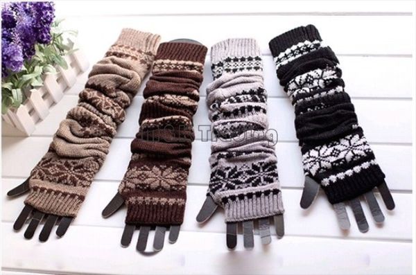 

4 colors long snowflake knitted glove warm hand wrist oversleeve fingerless gloves fashion women winter crochet glove cotton blend, Blue;gray