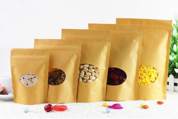 

Doypack стоит вверх коричневый мешок Kraft бумажный с ясным овальным пластичным мешком