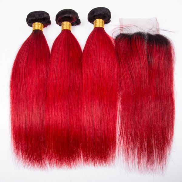 Silky Straight 1b Red Hair Bundles With Lace Closure Peruvian