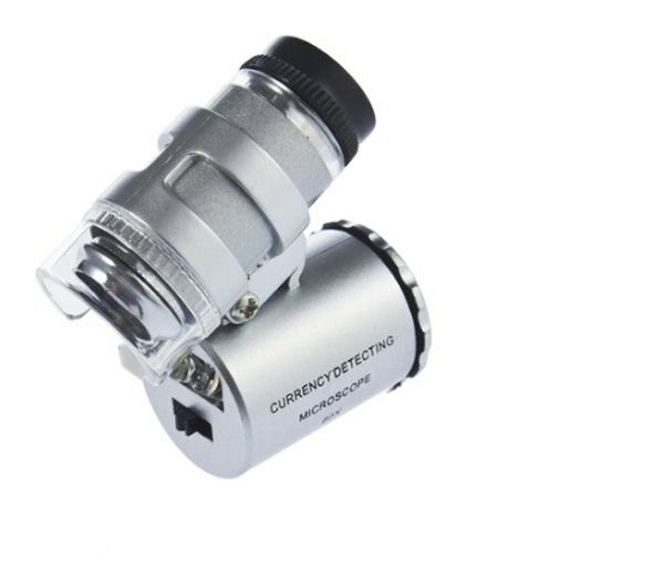 Taschen-LED-Mikroskop mit 60-facher Lupe / 60-faches Mini-Lupen-Lupen-Mikroskop mit LED-Licht + Ledertasche + Paket