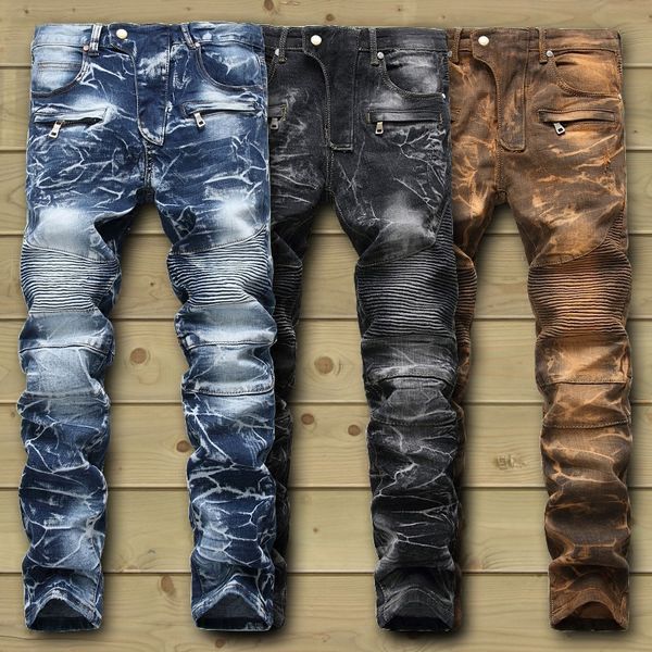 

29-42 big size new personality style men jeans tide brand personality straight tube locomotive pants snow wash jeans, Blue