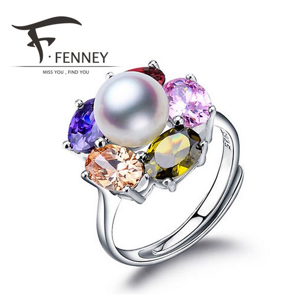 Großhandels-FENNEY 100% natürliche Perlenringe, perfekter runder natürlicher Süßwasserperlen-925-Silberring, Ringe für Frauen Kostenloser Versand