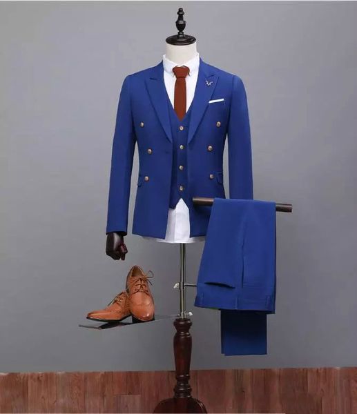 Örgün Durum Erkek Takım Elbise Slim Fit Damat Smokin Düğün Takım Elbise Erkek 3 Parça (Ceket + Pantolon + Yelek) Koyu Mavi
