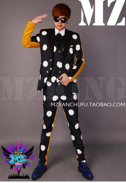 

a male singer fashionable nightclub runway looks black and white and yellow stitching 7 minutes of pants suit costumes. s - 6 xl, Black;red
