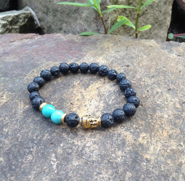 SN0373 2016 New Arrival Preto Lava homens turquesa frisada pulseira de Ouro cabeça de Buda mala pulseira Frete Grátis