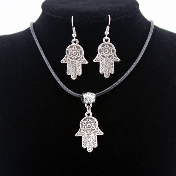 

Wholesale lots 12sets Retro Antique Silver Plated Lucky Hamsa hand Fatima Pendant Necklace Dangle Earrings Jewelry Sets TZ21