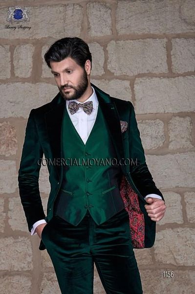 Two Buttons Dark Green Velveteen Groomsmen Notch Lapel Groom Tuxedos Men Suits Wedding/Prom/Dinner Man Blazer(Jacket+Pants+Tie+Vest)