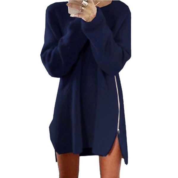 

wholesale- fashion long sleeve zipper side sweater winter women knitwear knitted loose tunic sweaters, White;black