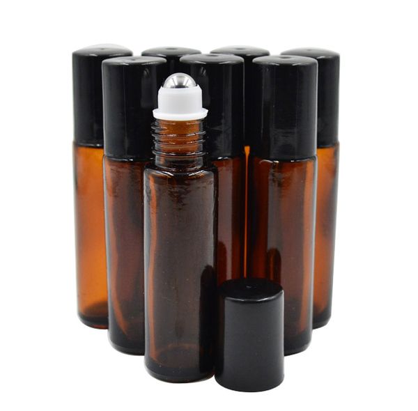 

wholesale- 10ml (1/3oz thick amber glass roll on bottle essential oil empty aromatherapy perfume bottle + metal roller ball by dhl ship