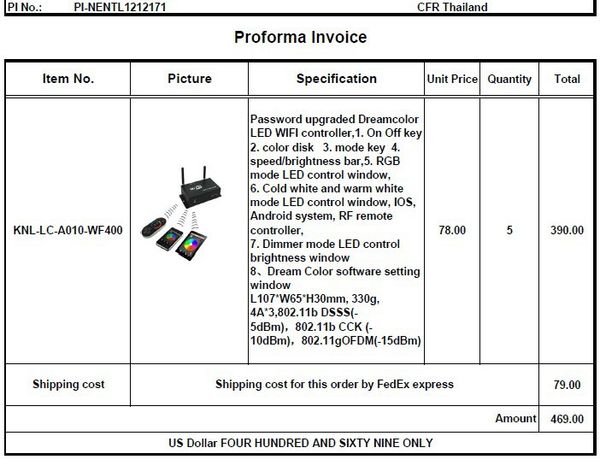 2019 wholesale proforma invoice pi nentl1212171 for thailand client naris wifimanager dreamcolor led wifi controller ios android system fedex from pi proforma invoice