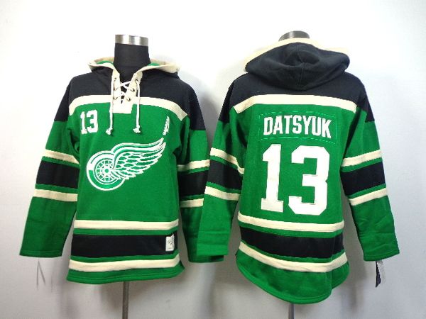 

red wings old time hockey jerseys #13 pavel datsyuk red green cream hoodie pullover sweatshirts winter jacket, Black;red