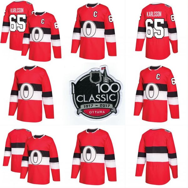 

2017-2018 Season 100th Patch Classic Jersey 65 Erik Karlsson 61 Mark Stone 68 Mike Hoffman Ottawa Senators Custom Hockey Jerseys