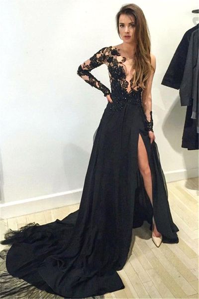 

black floral lace applique long sleeves split evening dresses 2016 arabic sheer plunging neckline a line prom party gowns vestidos ba1611, Black;red