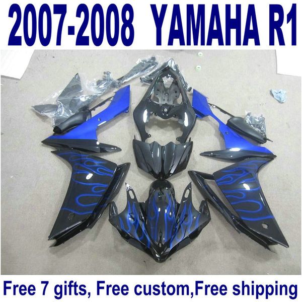 

hip bodywork set for yamaha fairings yzf r1 07 08 blue flames in black new fairing kit yzf-r1 2007 2008 yq40