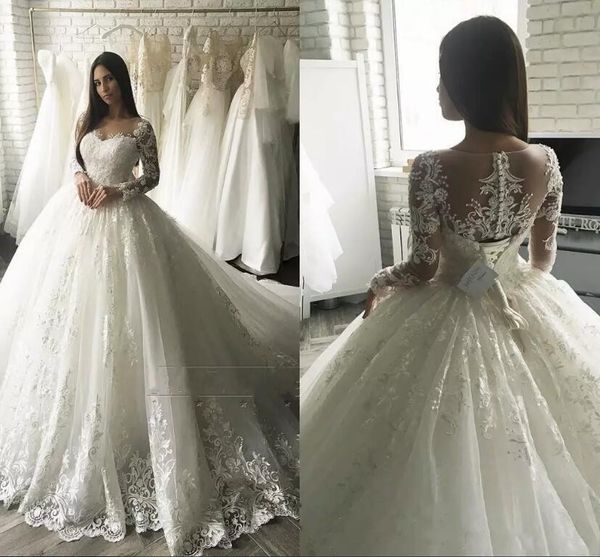 

ivory sheer neck long sleeves a line wedding dresses 2018 vintage elegant full lace appliques ball gowns tulle bridal gowns custom made, White