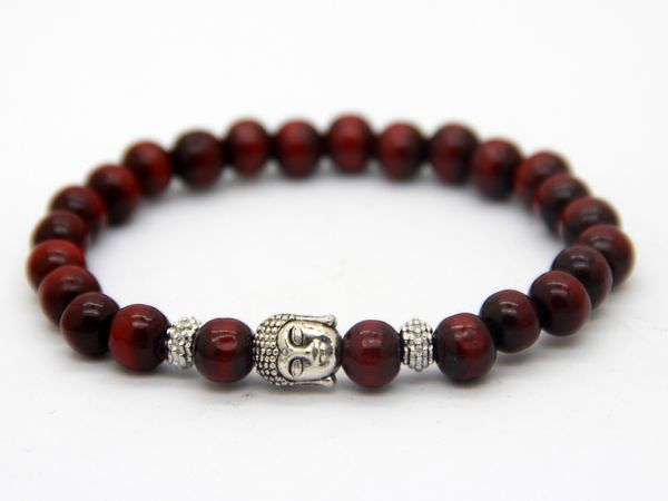 Venda Por Atacado Promoção 12 peças / Lot Red Black Wood Pulseira, Oração Mala Mala Natural Wood Buddha Head Beads Pulseiras Jóias