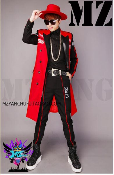 

a male singer fashionable nightclub runway looks red and black letters double-breasted long suit costumes. s - 6 xl, Black;red