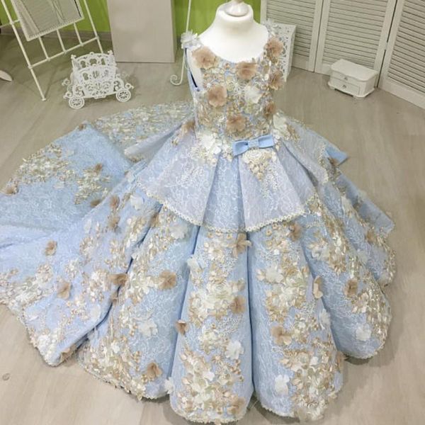 Gökyüzü Mavi Balo Kız Pageant Törenlerinde Şampanya Çiçekleri Ile Dantel Katmanlı Çiçek Kız Elbise Düğün Sweep Tren Bebek Parti Için elbise
