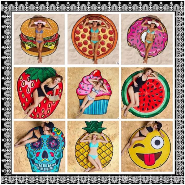 

round polyester beach shower towel blanket yoga towel skull ice cream strawberry smile emoji pineapple pie watermelon towel, Blue;gray