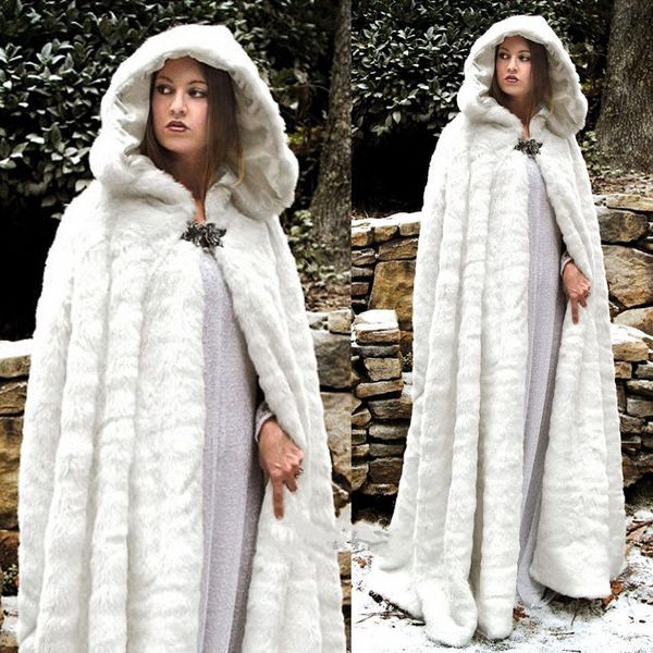 2018 Pelliccia addensata Mantelli invernali con cappuccio Mantelli da sposa caldi Veste Wicca Cappotti taglie forti Giacca da sposa Natale Bianco o avorio Accessori per eventi