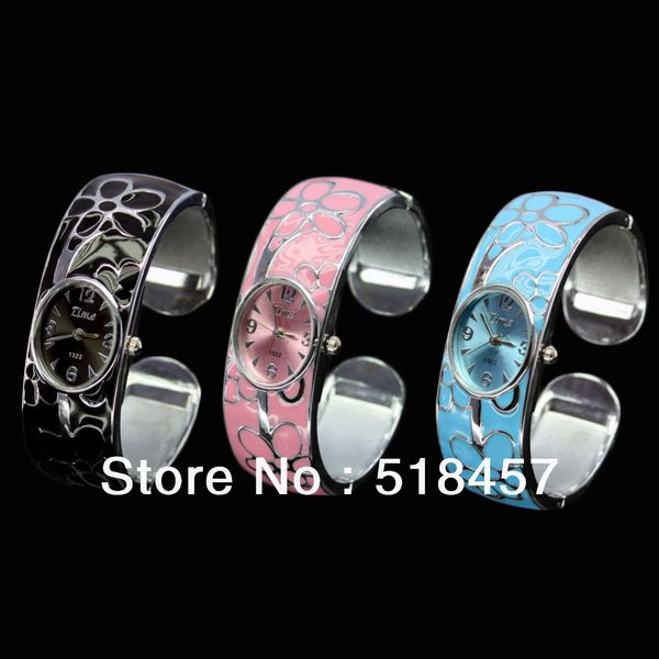 

wholesale-good quality 3pcs flower stainless steel paniting dressed women bangle wrist watch ing, Slivery;brown