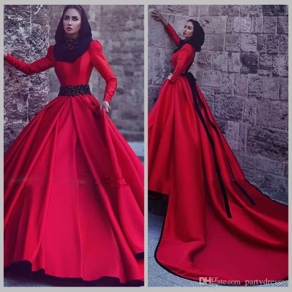

2017 red full sleeve muslim wedding dresses with detachable train high neck a-line satin vintage dresses long vestido de noiva curto, White